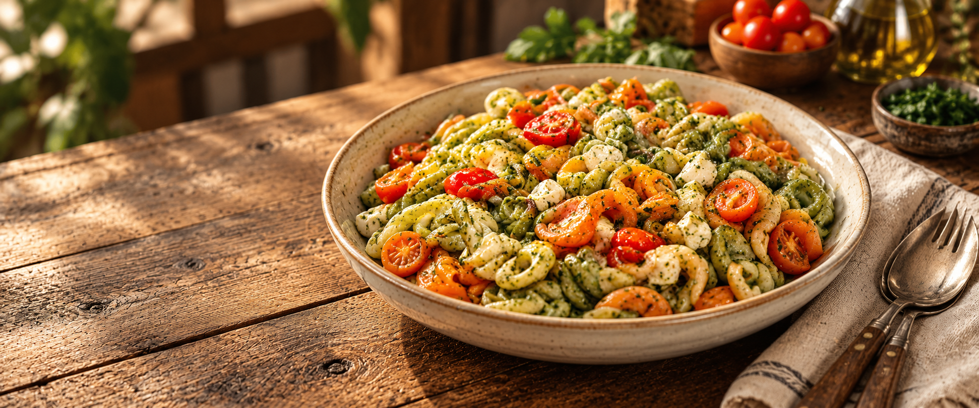 Ensalada de pasta tricolor con tomate y queso