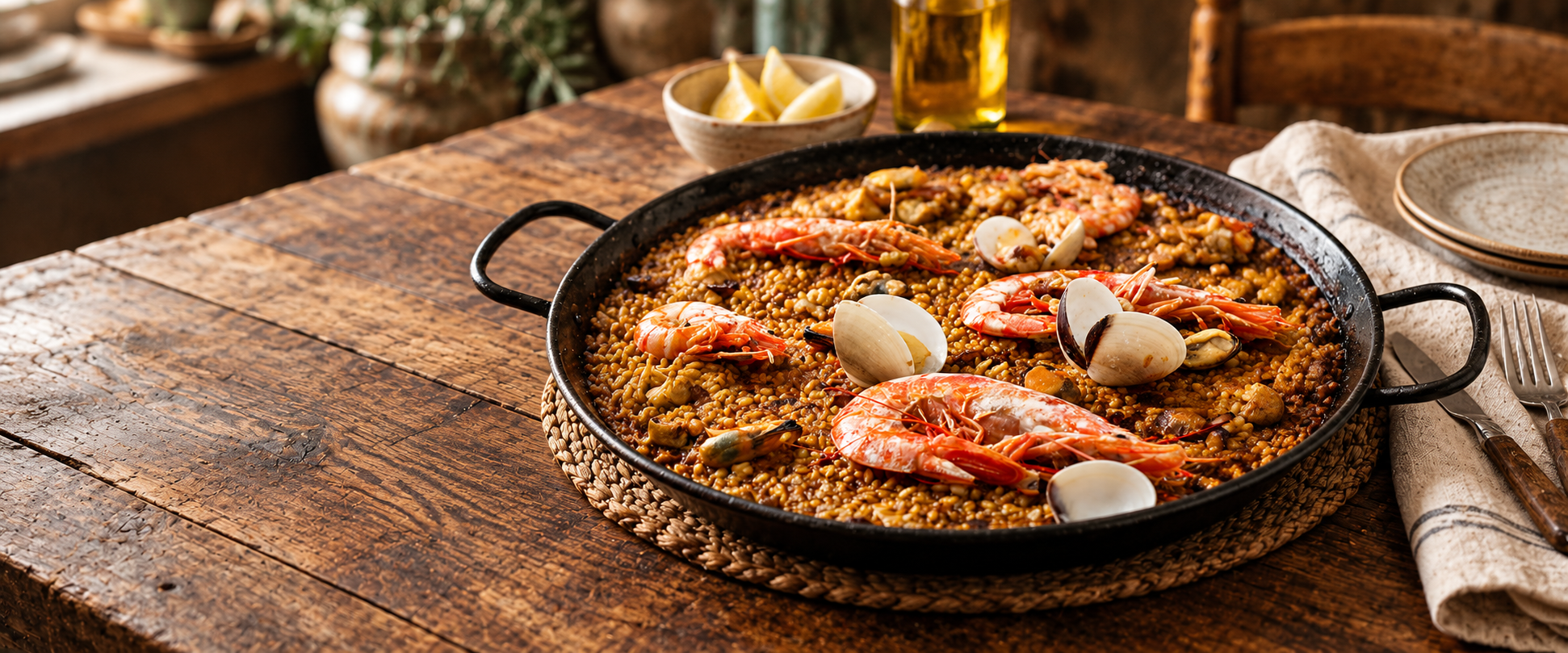 Paella de mar con gambas y almejas